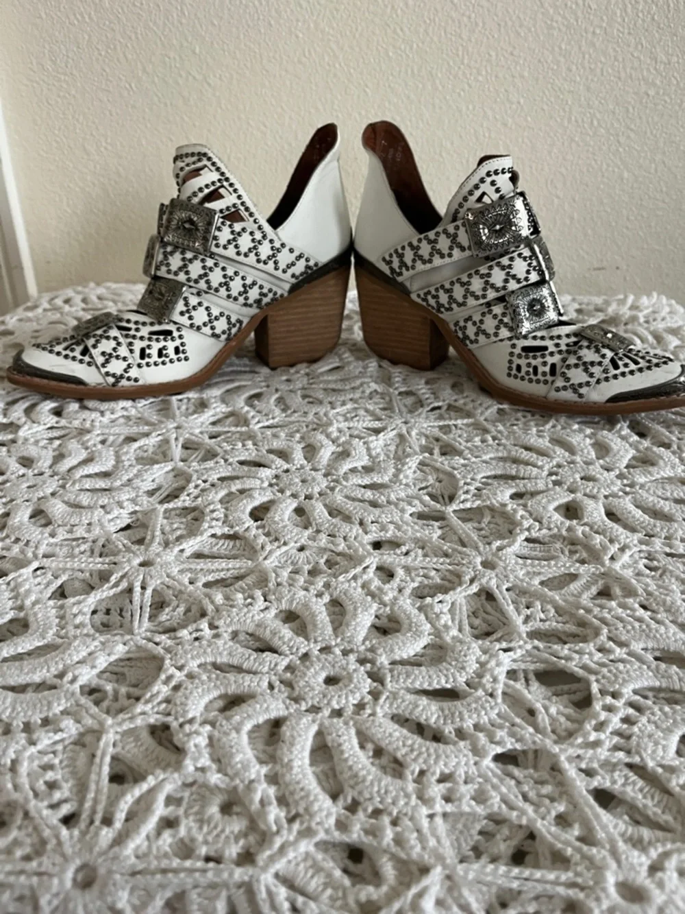 Jeffrey Campbell White Leather Buckle Western Booties with Silver Studs - Picture 7 of 7